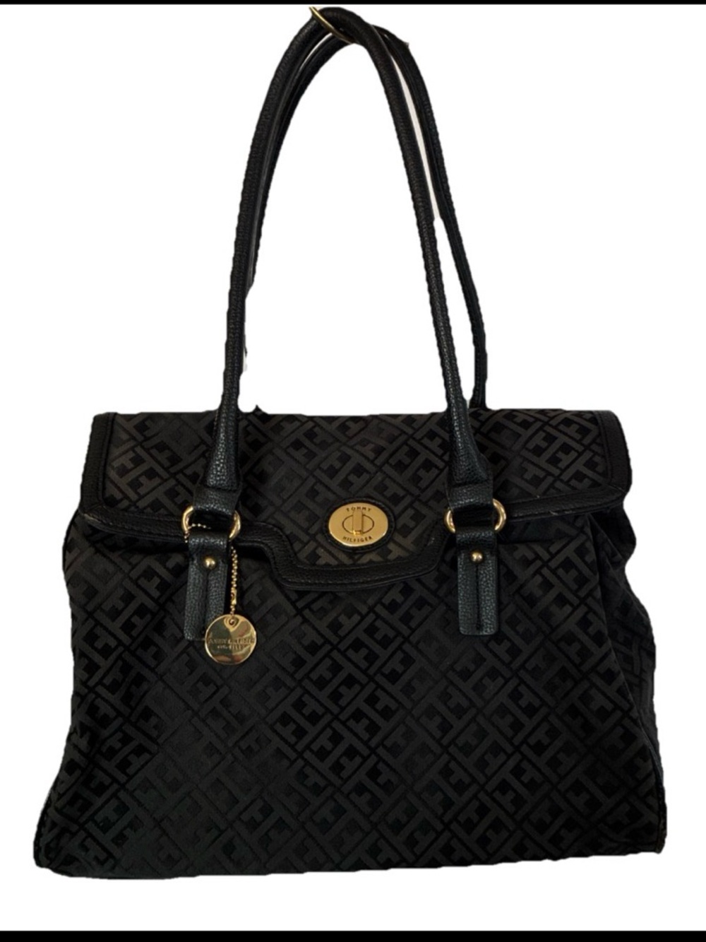 Tommy Hilfiger Large Shoulder Bag Tote Purse Black Monogram Double Handles 16” W